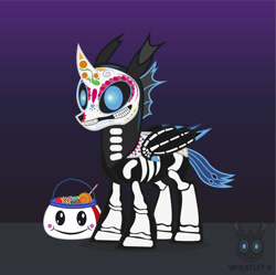 Size: 998x996 | Tagged: safe, artist:wheatley r.h., derpibooru exclusive, imported from derpibooru, oc, oc only, oc:w. rhinestone eyes, changeling, blue changeling, calavera, calaverita, candy, catrina (calavera garbancera), changeling oc, clothes, costume, dia de los muertos, face paint, food, gradient background, happy, simple background, skeleton costume, solo, vector, watermark