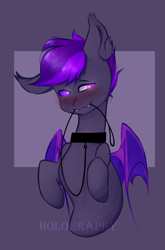 Size: 1449x2200 | Tagged: safe, imported from derpibooru, oc, oc:moonlight thunder, bat pony, pony, blushing, collar, commission, holding, leash, looking down, smiling, ych result