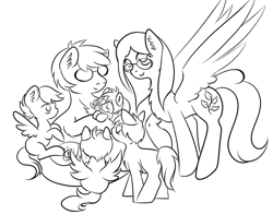 Size: 4391x3444 | Tagged: safe, artist:coco-drillo, imported from derpibooru, oc, oc:cocodrillo, earth pony, pegasus, pony, brothers, caress, chest fluff, clothes, ear fluff, family, flying, foal, glasses, group, holding a pony, male, messy mane, monochrome, newborn, newborn filly, parents:oc x oc, round glasses, scarf, siblings, simple background