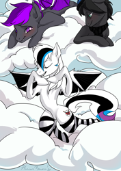 Size: 2150x3035 | Tagged: safe, artist:plumbum-pb, imported from derpibooru, oc, oc:grayhoof, oc:moonlight thunder, oc:zoey, bat pony, pegasus, pony, clothes, cloud, hat, scarf, smiling, socks, striped socks