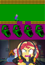 Size: 700x1006 | Tagged: safe, edit, edited screencap, imported from derpibooru, screencap, fluttershy, sunset shimmer, equestria girls, equestria girls series, game stream, spoiler:eqg series (season 2), action 52, angry, gamer sunset, headphones, non human