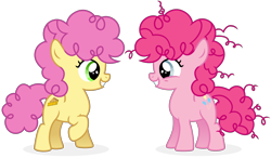 Size: 9866x5769 | Tagged: safe, artist:cirillaq, imported from derpibooru, li'l cheese, pinkie pie, the cutie mark chronicles, the last problem, absurd resolution, ambiguous gender, colt, comparison, cute, cutie mark, daughter, diapinkes, duo, female, filly, filly pinkie pie, foal, happy, li'l cuteese, like parent like child, looking at each other, male, mother and child, mother and son, parent and child, similarities, simple background, smiling, son, time paradox, transparent background, vector, younger