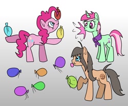 Size: 1280x1065 | Tagged: safe, artist:platinumdrop, imported from derpibooru, minty bubblegum, pinkie pie, oc, oc:xeno, balloon, bubblegum, food, gum, request