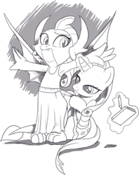 Size: 1132x1426 | Tagged: safe, artist:nauyaco, imported from derpibooru, rarity, smolder, dragon, pony, armpits, clothes, dragoness, dress, female, grayscale, magic, mare, measuring tape, monochrome