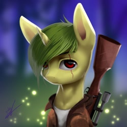 Size: 1280x1280 | Tagged: safe, artist:thatdreamerarts, imported from derpibooru, firefly (insect), insect, pony, unicorn, clothes, gun, jacket, rifle, sniper rifle, solo, weapon