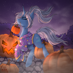 Size: 1200x1200 | Tagged: safe, artist:alicetriestodraw, imported from derpibooru, trixie, pony, unicorn, alternate hairstyle, babysitter trixie, candy, clothes, female, fog, food, halloween, holiday, hoodie, jack-o-lantern, mare, mouth hold, nightmare night, pumpkin, pumpkin bucket, solo, sweets, trick or treat