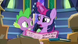 Size: 1920x1080 | Tagged: safe, imported from derpibooru, screencap, spike, twilight sparkle, alicorn, dragon, the last problem, book, box, library, newspaper, twilight sparkle (alicorn), twilight's castle, twilight's castle library, winged spike, wings