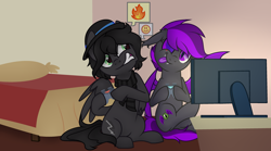 Size: 3600x2000 | Tagged: safe, artist:sanyyyaa_, imported from derpibooru, oc, oc:grayhoof, oc:moonlight thunder, bat pony, pegasus, pony, :p, angry, bed, clothes, commission, controller, happy, hat, nintendo switch, pillow, playing video games, scarf, sitting, television, tongue out, ych result