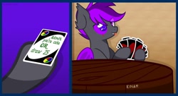 Size: 1210x660 | Tagged: safe, artist:einarcor, imported from derpibooru, oc, oc only, oc:moonlight thunder, bat pony, pony, :p, card game, commission, cute, draw 25, i'm not cute, meme, solo, table, tongue out, uno, uno meme, ych result