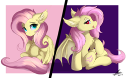 Size: 1920x1200 | Tagged: safe, artist:lunar froxy, imported from derpibooru, fluttershy, bat pony, pegasus, pony, bat ponified, cheek fluff, chest fluff, cute, duality, ear fluff, female, flutterbat, leg fluff, licking, licking lips, mare, profile, race swap, self ponidox, shyabetes, sitting, tongue out