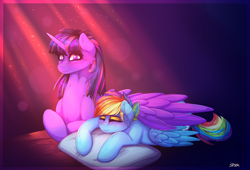 Size: 3168x2160 | Tagged: safe, artist:aaa-its-spook, imported from derpibooru, rainbow dash, twilight sparkle, alicorn, pony, female, lesbian, pillow, shipping, sleeping, smiling, twidash, twilight sparkle (alicorn), wing blanket