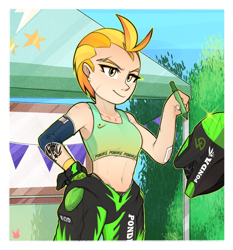 Size: 1400x1500 | Tagged: safe, artist:sugarelement, imported from derpibooru, lightning dust, human, the washouts (episode), autograph, belly button, clothes, female, hand on hip, humanized, midriff, nike, pen, racing suit, scene interpretation, signing, solo, sports bra, tattoo, tomboy, uniform, washouts uniform