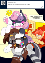 Size: 1839x2552 | Tagged: safe, artist:blackbewhite2k7, imported from derpibooru, sweetie belle, zecora, pony, ask, background pony, batman, blush sticker, blushing, bunny ears, catfilly, catgirl (dc), clothes, cosplay, costume, eyes closed, fear toxin, halloween, holiday, kitrina falcone, morgana, open mouth, open smile, palindrome get, persona 5, scarecrow, smiling, trick or treat