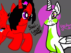 Size: 2048x1536 | Tagged: safe, artist:artmama113, imported from derpibooru, oc, oc only, oc:vector, oc:yaoilover, alicorn, bat pony, bat pony alicorn, pony, alicorn oc, bat pony oc, bat wings, duo, female, flying, gray background, hair over one eye, horn, mare, simple background, wings