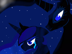 Size: 2048x1536 | Tagged: safe, artist:artmama113, imported from derpibooru, nightmare moon, princess luna, alicorn, pony, bust, crying, duality, female, mare, missing accessory