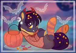 Size: 1384x980 | Tagged: safe, artist:scarffist, imported from derpibooru, oc, oc only, oc:tricky treat, bat, dracony, dragon, hybrid, pony, spider, bucket, candy, candy corn, clothes, commission, devil horns, ear piercing, earring, fangs, female, food, hairband, jewelry, lollipop, lying down, mare, on back, piercing, pumpkin bucket, raised hoof, raised leg, shirt, shorts, socks, solo, striped socks, ych result