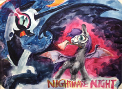 Size: 3984x2916 | Tagged: safe, artist:ja0822ck, imported from derpibooru, nightmare moon, oc, alicorn, bat pony, pony, bat pony oc, bat wings, female, hatchet, male, mare, mask, mouth hold, nightmare night, slit pupils, stallion, traditional art, watercolor painting, wings