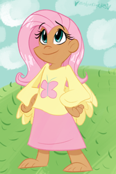 Size: 800x1200 | Tagged: safe, artist:mirabuncupcakes15, imported from derpibooru, fluttershy, human, barefoot, clothes, cloud, dark skin, feet, female, grass, hill, humanized, skirt, sky, solo, sweater, sweatershy, winged humanization, wings