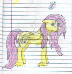Size: 1135x1166 | Tagged: safe, artist:twin-fan, imported from derpibooru, fluttershy, butterfly, pegasus, pony, female, hoof fluff, lined paper, mare, signature, solo, traditional art