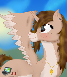 Size: 1300x1492 | Tagged: safe, artist:twin-fan, imported from derpibooru, oc, oc only, alicorn, pony, alicorn oc, bust, chest fluff, ear piercing, female, horn, jewelry, looking back, mare, necklace, piercing, solo, unshorn fetlocks, wings