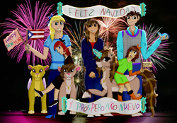 Size: 1779x1239 | Tagged: safe, artist:twin-fan, imported from derpibooru, oc, oc only, alicorn, big cat, human, lion, pony, alicorn oc, chest fluff, clothes, ear piercing, female, flag, grn, happy new year 2014, horn, male, mare, piercing, solo, unshorn fetlocks, wings