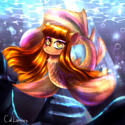 Size: 2000x2000 | Tagged: safe, artist:cali luminos, imported from derpibooru, oc, oc only, fish, merpony, sea pony, art, bubble, commission, crepuscular rays, cute, digital art, drawing, eyeshadow, female, fins, fish tail, flowing mane, flowing tail, high res, lidded eyes, looking at you, makeup, ocean, signature, smiling, smiling at you, solo, sparkles, sunlight, swimming, tail, underwater, water