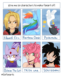 Size: 3000x3543 | Tagged: safe, artist:kaeltheraptorpony, imported from derpibooru, rainbow dash, anthro, human, pegasus, pony, six fanarts, anthro with ponies, blaze the cat, bust, clothes, crossover, dragon ball, dragon ball z, edward elric, eyes closed, female, fullmetal alchemist, gohan, grin, jojo's bizarre adventure, male, mare, peace sign, pokémon, pyukumuku, smiling, son gohan, sonic the hedgehog (series), trish una