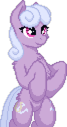 Size: 201x381 | Tagged: safe, artist:zeka10000, imported from derpibooru, lilac links, earth pony, pony, bipedal, chest fluff, cute, female, hoof on belly, lilac adoralinks, mare, pixel art, simple background, solo, standing, transparent background