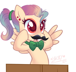 Size: 1920x1809 | Tagged: safe, artist:lazuli, artist:mint-light, artist:nightingalewolfie, imported from derpibooru, oc, oc only, oc:justice jewel, pegasus, pony, base used, bowtie, fake moustache, female, mare, simple background, solo, transparent background