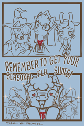 Size: 1514x2257 | Tagged: safe, artist:saby, derpibooru exclusive, imported from derpibooru, oc, oc only, oc:eerilee, oc:gossamer, oc:nurse tourniquet, earth pony, pony, spider, 2 panel comic, anne boleyn, aside glance, bean brows, beanbrows, bell, choker, clothes, comic, costume, crazed, deadpan, disturbed, dress, excited, female, french hood, gable hood, grogar's bell, hat, headband, heart eyes, holding back, implied execution, implied grogar, jewelry, limited palette, lineart, manic grin, necklace, nightmare night, nightmare night costume, partial color, pet, shiny, sideways glance, syringe, trio, unnerving stare, vaccination, wingding eyes, witch hat