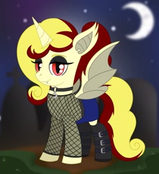 Size: 1449x1592 | Tagged: safe, artist:dyonys, imported from derpibooru, oc, oc:miss libussa, alicorn, bat pony, bat pony alicorn, pony, unicorn, vampire, vampony, bat wings, boots, choker, clothes, crescent moon, fangs, female, halloween, holiday, horn, mare, moon, nightmare night, shirt, shoes, skirt, wings