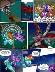 Size: 2550x3300 | Tagged: safe, artist:candyclumsy, artist:zettaidullahan, imported from derpibooru, applejack, fluttershy, pinkie pie, rainbow dash, rarity, spike, twilight sparkle, alicorn, dragon, earth pony, pony, comic:curse and madness, comic, female, flying, mare, mlpcam, twilight sparkle (alicorn)