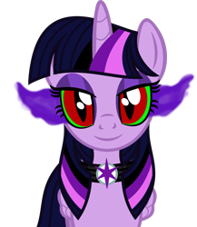 Size: 1000x1151 | Tagged: safe, artist:severity-gray, imported from derpibooru, twilight sparkle, alicorn, pony, alternate hairstyle, choker, corrupted, corrupted twilight sparkle, dark magic, emo, goth, looking at you, magic, makeup, red eyes, simple background, slit eyes, slit pupils, smiling, solo, sombra eyes, transparent background, twilight sparkle (alicorn)