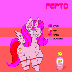 Size: 3026x3024 | Tagged: safe, artist:ryanthecone, imported from derpibooru, oc, oc only, oc:pepto, alicorn, pony, color palette, commission, needs more saturation, pepto bismol, pepto-bismol, ponified, reference sheet