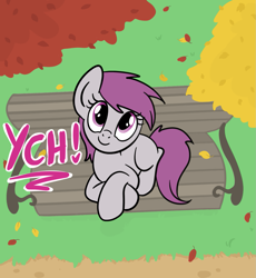 Size: 1319x1436 | Tagged: safe, artist:lannielona, imported from derpibooru, pony, advertisement, autumn, bench, commission, crossed legs, female, grass, leaf, leaves, looking up, mare, solo, tree, your character here