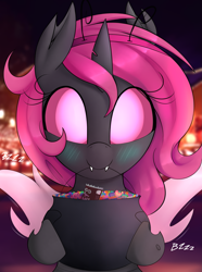 Size: 1637x2200 | Tagged: safe, artist:illusion, imported from derpibooru, oc, oc only, oc:idem, changeling, blushing, buzzing wings, candy, fangs, food, halloween, happy, holiday, pink changeling, smiling, solo, wings
