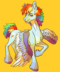 Size: 1000x1200 | Tagged: safe, artist:eeelt, imported from derpibooru, rainbow dash, pegasus, pony, alternate design, alternate hairstyle, chest fluff, colored wings, female, grin, markings, short hair, simple background, smiling, solo, unshorn fetlocks, wings, yellow background