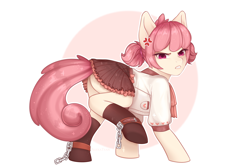 Size: 3000x2000 | Tagged: safe, artist:alexatyan, imported from derpibooru, oc, oc only, oc:hopple scotch, earth pony, pony, angry, ankle cuffs, butt, chains, circle background, clothes, cuffs, female, looking at you, looking back, looking back at you, mare, pigtails, plot, raised leg, school uniform, simple background, skirt, socks, solo, sparkles