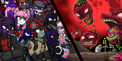 Size: 5000x2500 | Tagged: safe, artist:darrenfeline, imported from derpibooru, oc, oc:abyssal hart, oc:akasa, oc:sakairi, oc:serendypity, oc:tdmayo, anthro, pegasus, neighberry, nightmare night