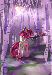 Size: 1436x2048 | Tagged: safe, artist:crybaby, imported from derpibooru, oc, oc only, oc:hopple scotch, bird, earth pony, pony, ankle cuffs, backwards cutie mark, chains, commission, cuffs, female, film grain, forest, forest background, grass, looking at you, looking back, looking back at you, mare, moon, moonlight, night, outdoors, pigtails, solo, tree, tree branch, ych result