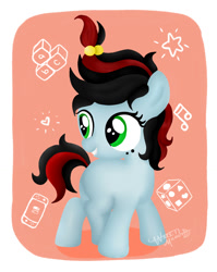 Size: 1100x1380 | Tagged: safe, artist:waret milout, imported from derpibooru, oc, oc only, oc:nasty, pony, unicorn, baby, background, background pony, black, black mane, blue, costado en blanco, cube, cute, female, filly, foal, freckles, green eyes, hairstyle, heart, music notes, nintendo, nintendo switch, playing, red, red mane, short hair, short mane, solo, stars, toy