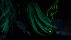 Size: 2074x1167 | Tagged: safe, artist:mixdaponies, imported from derpibooru, queen chrysalis, changeling, changeling queen, don't let the bed bugs bite, female, glow, glowing, glowing eyes