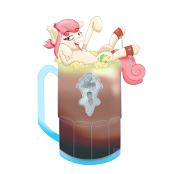 Size: 2000x2000 | Tagged: safe, artist:theartistsora, imported from derpibooru, oc, oc only, oc:hopple scotch, earth pony, pony, alcohol, ankle cuffs, beer, chains, chest fluff, commission, cuffs, cup, cup of pony, female, foam, grin, looking at you, lying down, mare, micro, mug, on back, open mouth, simple background, smiling, solo, transparent background