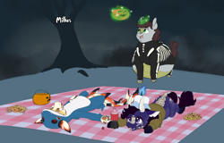 Size: 2620x1676 | Tagged: safe, artist:gradoge, imported from derpibooru, oc, oc:dyson, oc:gesr, oc:milkus, dracony, dragon, hybrid, pony, candy, chubby, clothes, cola cola, costume, fat, food, halloween, halloween 2020, halloween costume, holiday, lying, lying down, magic, night, orca dragon, patch, scratches, skeleton costume, stuffing, tree, young