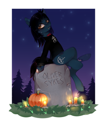 Size: 2039x2300 | Tagged: safe, artist:splush23, imported from derpibooru, earth pony, pony, undead, zombie, zombie pony, bags under eyes, bloodshot eyes, bone, bring me the horizon, candle, clothes, commission, fangs, grass, gravestone, leaning back, lip piercing, long sleeves, male, night, night sky, oliver sykes, piercing, ponified, pumpkin, scar, shirt, sitting, sky, solo, stars, stitches, tattoo, tree, ych result