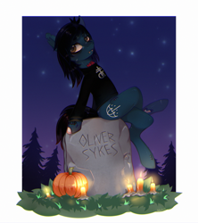 Size: 2039x2300 | Tagged: safe, alternate version, artist:splush23, imported from derpibooru, earth pony, pony, undead, zombie, zombie pony, bags under eyes, bloodshot eyes, bone, bring me the horizon, candle, clothes, commission, fangs, grass, gravestone, leaning back, lip piercing, long sleeves, male, night, night sky, oliver sykes, piercing, ponified, pumpkin, scar, shirt, sitting, sky, solo, stars, stitches, tattoo, tree, ych result