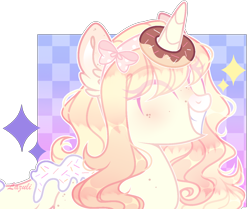 Size: 1308x1094 | Tagged: safe, artist:lazuli, artist:mint-light, imported from derpibooru, oc, oc only, pony, unicorn, bust, commission, donut, ear fluff, eyes closed, food, grin, horn, horn impalement, signature, simple background, smiling, solo, transparent background, unicorn oc, ych result