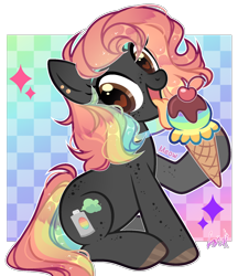 Size: 1326x1535 | Tagged: safe, artist:lazuli, artist:mint-light, imported from derpibooru, oc, oc only, earth pony, pony, commission, ear piercing, earth pony oc, food, heart eyes, hoof hold, hoof polish, ice cream, ice cream cone, licking, multicolored hair, piercing, rainbow hair, signature, simple background, sitting, solo, tongue out, transparent background, wingding eyes, ych result