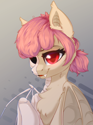 Size: 2048x2732 | Tagged: safe, artist:alphadesu, imported from derpibooru, oc, oc only, oc:hopple scotch, bat pony, pony, vampire bat pony, adoracreepy, bat ponified, bat wings, bone, bust, chest fluff, commission, creepy, cute, dissectibles, ear fluff, empty eye socket, fangs, female, freeny's hidden dissectibles, looking at you, mare, pigtails, race swap, raised hoof, red eyes, simple background, skeleton, smiling, toy interpretation, wings, ych result
