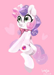 Size: 936x1285 | Tagged: safe, artist:colorfulcolor233, artist:oofycolorful, imported from derpibooru, sweetie belle, pony, unicorn, chest fluff, cute, diasweetes, ear fluff, female, filly, heart, heart eyes, leg fluff, neck bow, pink background, simple background, sitting, solo, wingding eyes